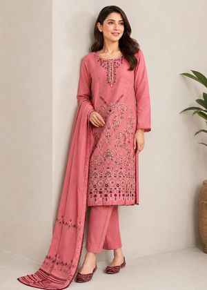 Salmon Pink Embroidered Cotton Kurta Set with Dupatta