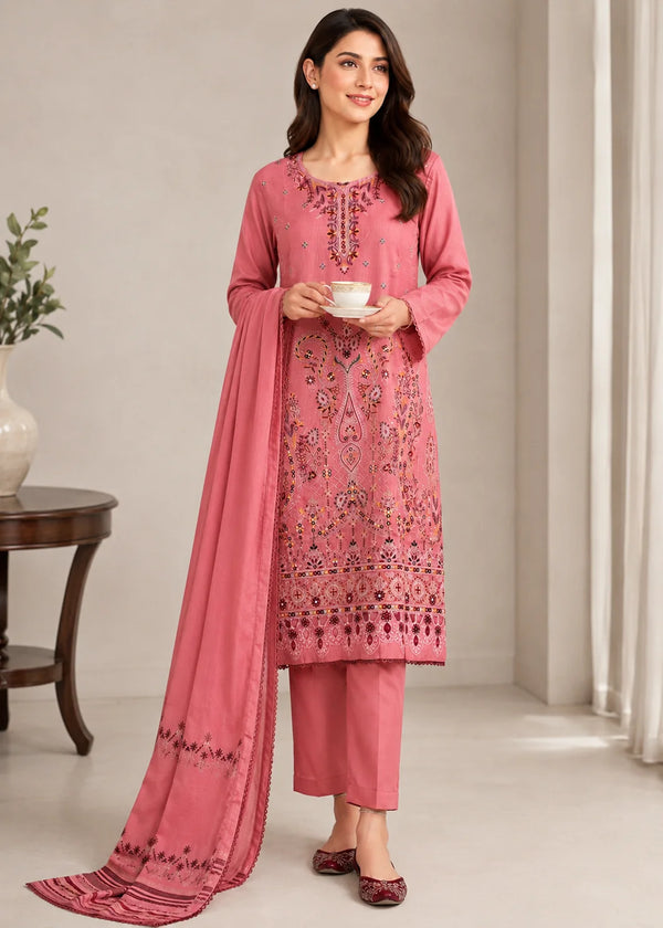 Salmon Pink Embroidered Cotton Kurta Set with Dupatta
