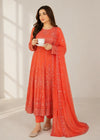 Coral OrangeEmbroidered Chiffon Maxi 3PC – Sequin Work Formal Dress Set
