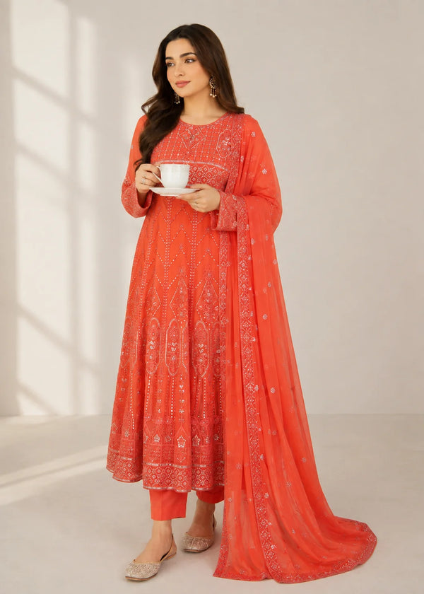 Coral OrangeEmbroidered Chiffon Maxi 3PC – Sequin Work Formal Dress Set