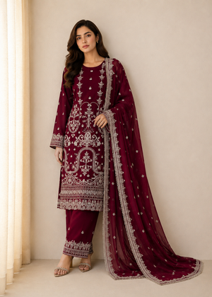 Maroon – Luxury Embroidered 3PC Chiffon Set
