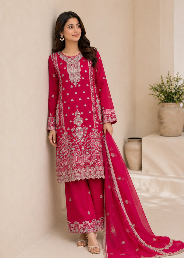 Magenta – Stone Work & Embroidered 3PC Chiffon Set