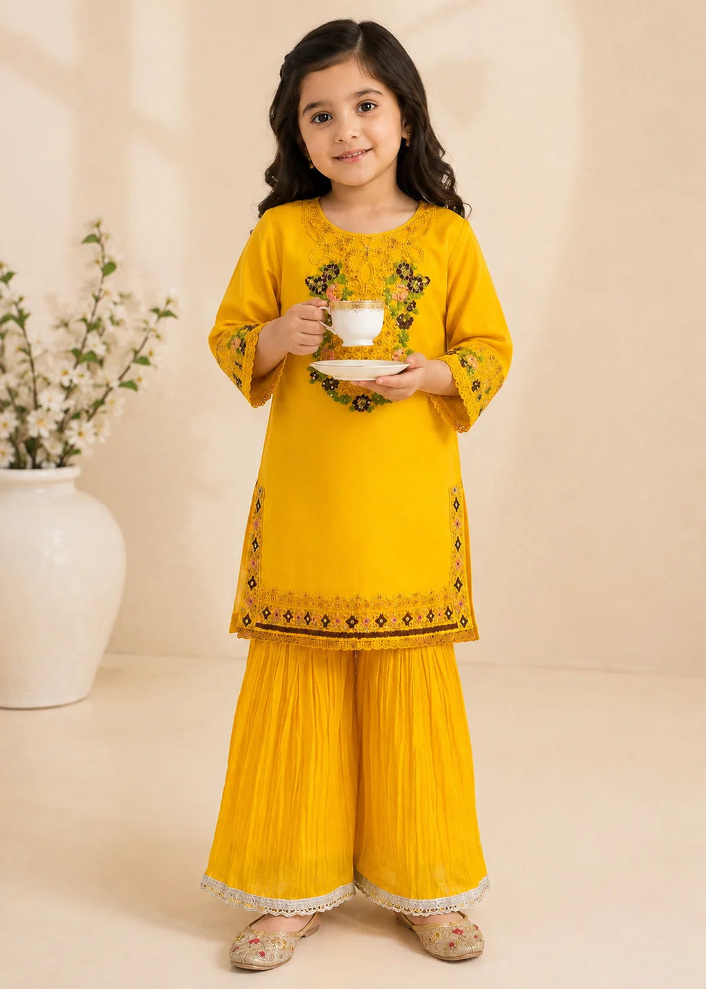 Yellow Chiffon Kids Festive 2-PC Gharara