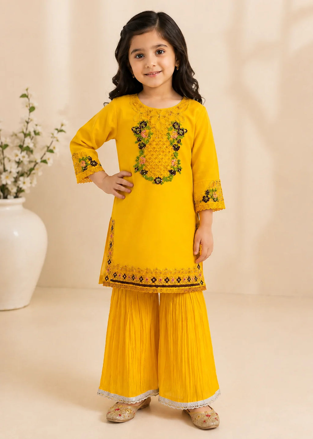 Yellow Chiffon Kids Festive 2-PC Gharara