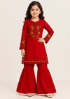 Kids Red Chiffon Embroidered gharara