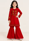 Kids Red Chiffon Embroidered gharara