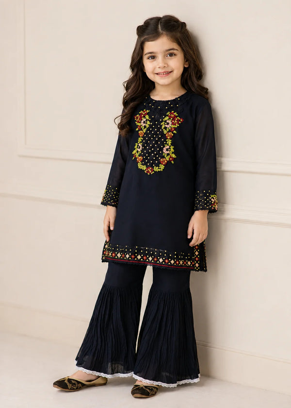 Midnight Veil – Black Luxury Chiffon Gharara 2PC Set