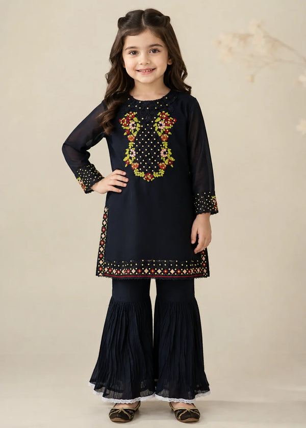 Midnight Veil – Black Luxury Chiffon Gharara 2PC Set