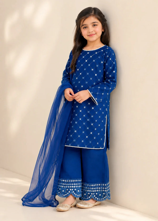 Sapphire Dream– Navy Blue Premium Embroidered Chiffon Kids 3PC Dress