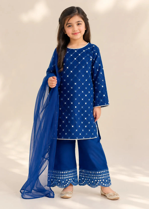 Sapphire Dream– Navy Blue Premium Embroidered Chiffon Kids 3PC Dress