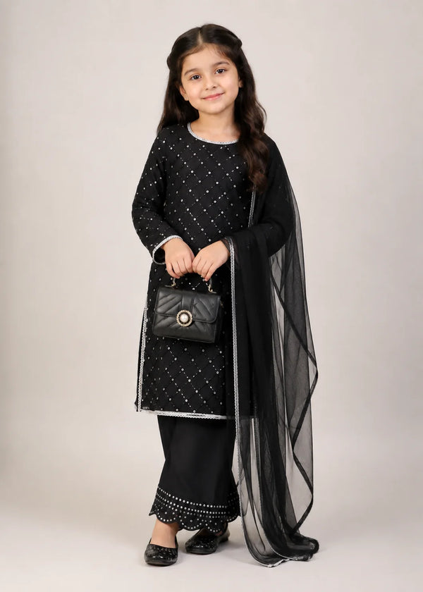 Black Belle– Black Premium Embroidered Chiffon Kids 3PC Dress