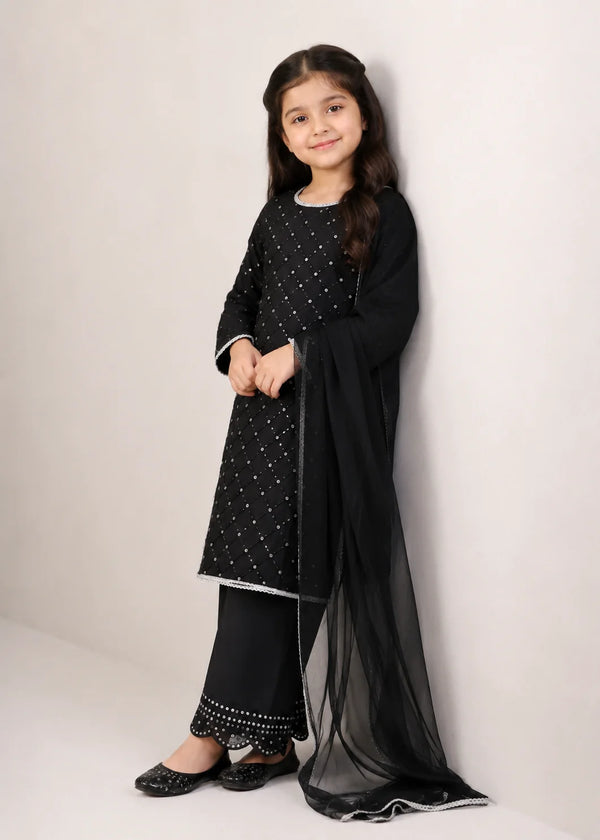 Black Belle– Black Premium Embroidered Chiffon Kids 3PC Dress