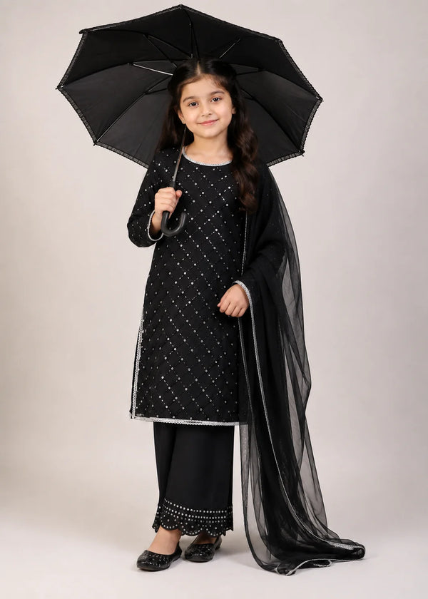 Black Belle– Black Premium Embroidered Chiffon Kids 3PC Dress