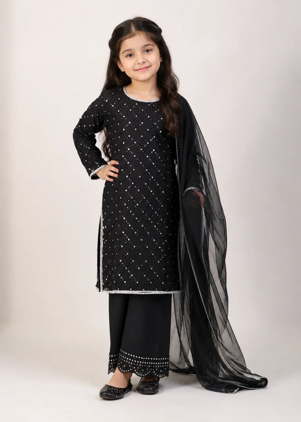 Black Belle– Black Premium Embroidered Chiffon Kids 3PC Dress