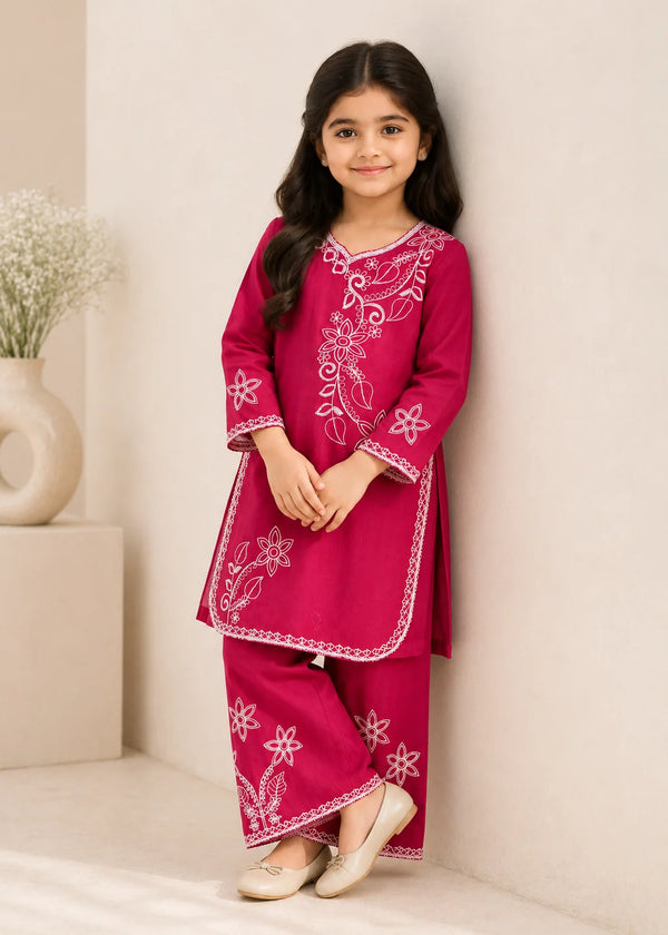 Kids Hot Pink Embroidered Cotton Kurta Set