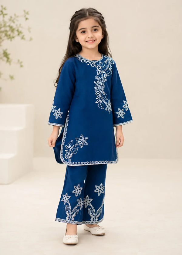 Cobalt Blue Embroidered Cotton Kurta Set for Girls