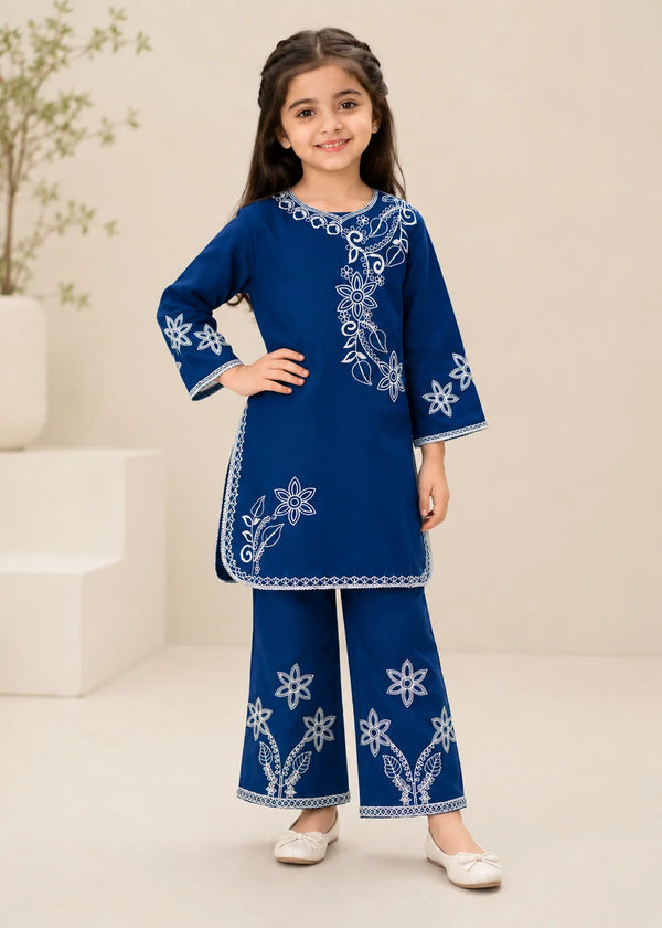 Cobalt Blue Embroidered Cotton Kurta Set for Girls