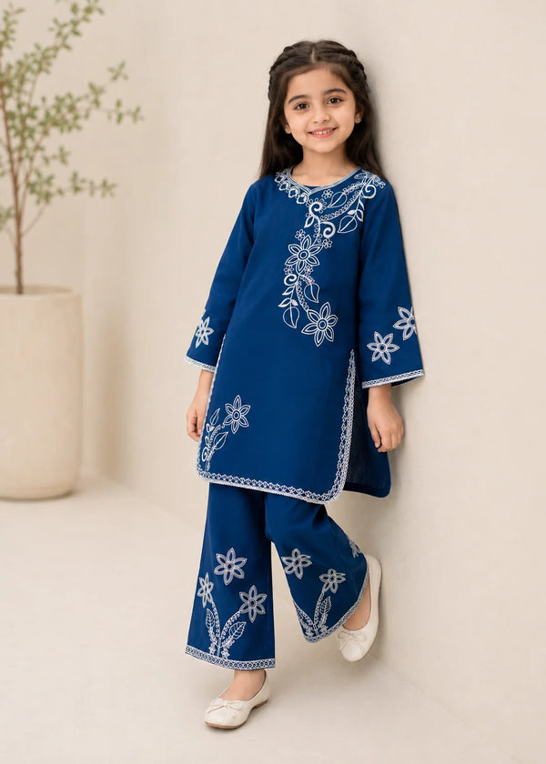 Cobalt Blue Embroidered Cotton Kurta Set for Girls