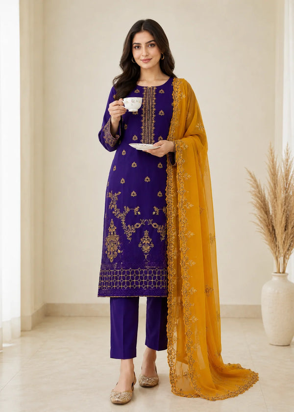 Purple Embroidered Linen Kurta Set with Orange Organza Dupatta
