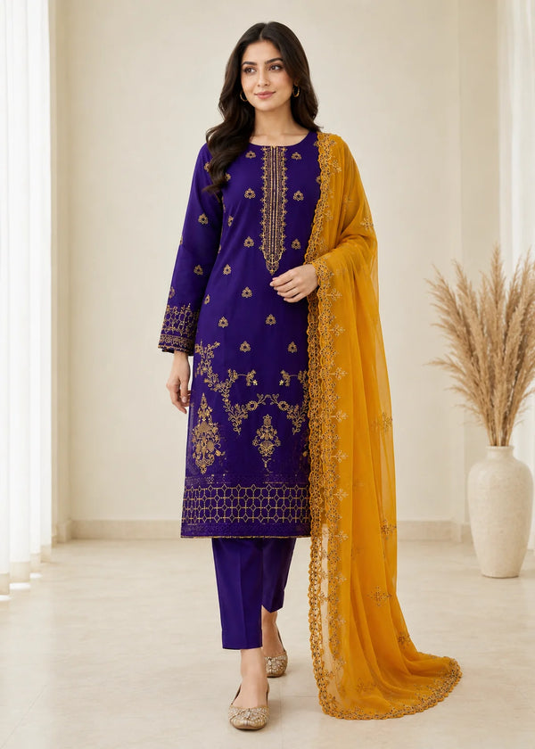 Purple Embroidered Linen Kurta Set with Orange Organza Dupatta