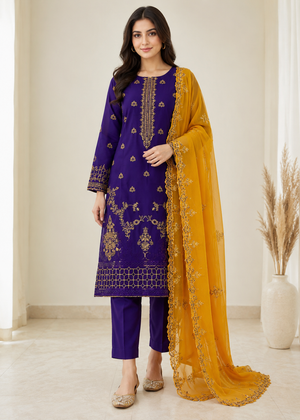 Purple Embroidered Linen Kurta Set with Orange Organza Dupatta