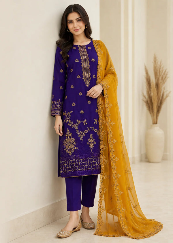 Purple Embroidered Linen Kurta Set with Orange Organza Dupatta