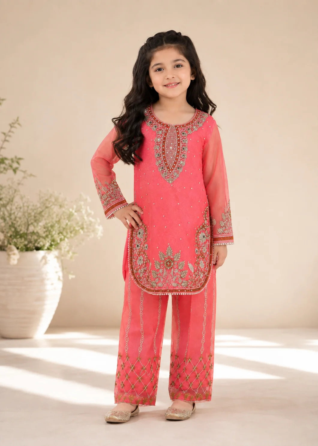 Pink Kattan Silk Kids 2-PC Kurta Set