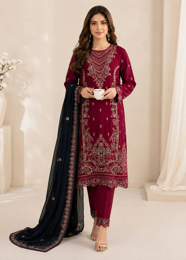 Crimson Maroon – Hand Embellished Chiffon Suit with Dupatta