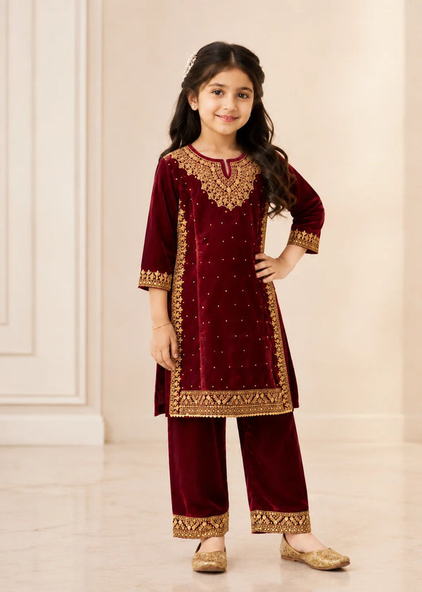 Maroon Kattan Silk Kids Formal Kurta Set