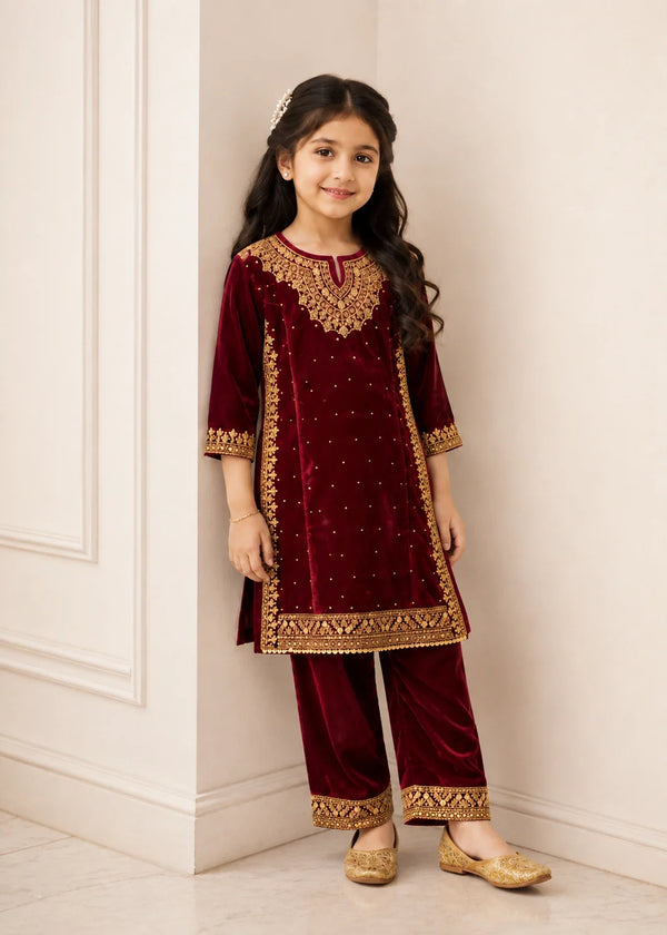 Maroon Kattan Silk Kids Formal Kurta Set