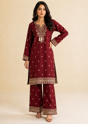 Maroon Embroidered lawn  Kurta Set with Plazoo