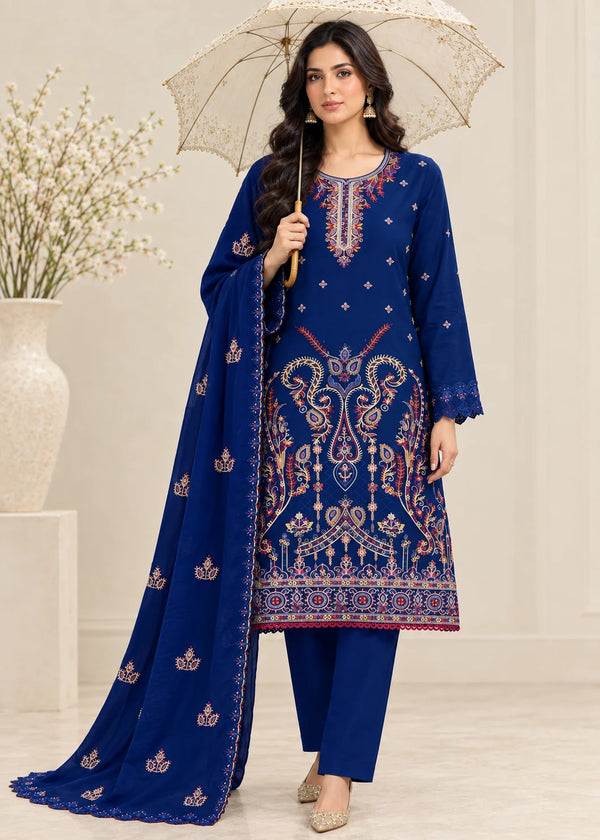 Embroidered Navy Blue Lawn Kurta Set with Chiffon Dupatta