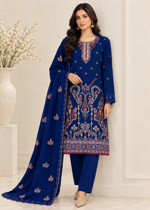 Embroidered Navy Blue Lawn Kurta Set with Chiffon Dupatta