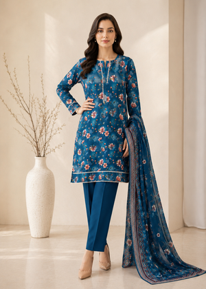 Teal Floral Printed Lawn Kurta Set with Dupatta