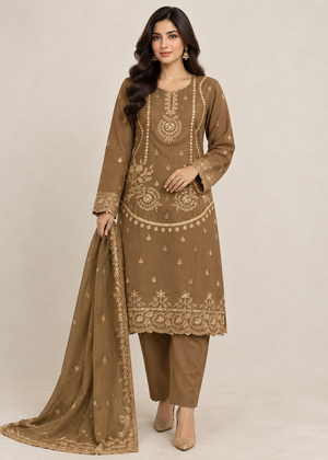 Embroidered Saddle Brown Kurta Set with Chiffon Dupatta