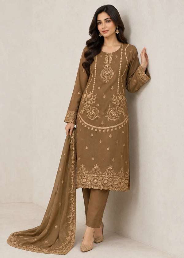 Embroidered Saddle Brown Kurta Set with Chiffon Dupatta