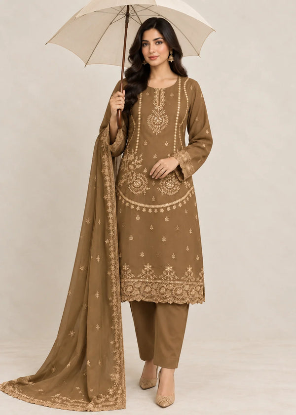 Embroidered Saddle Brown Kurta Set with Chiffon Dupatta