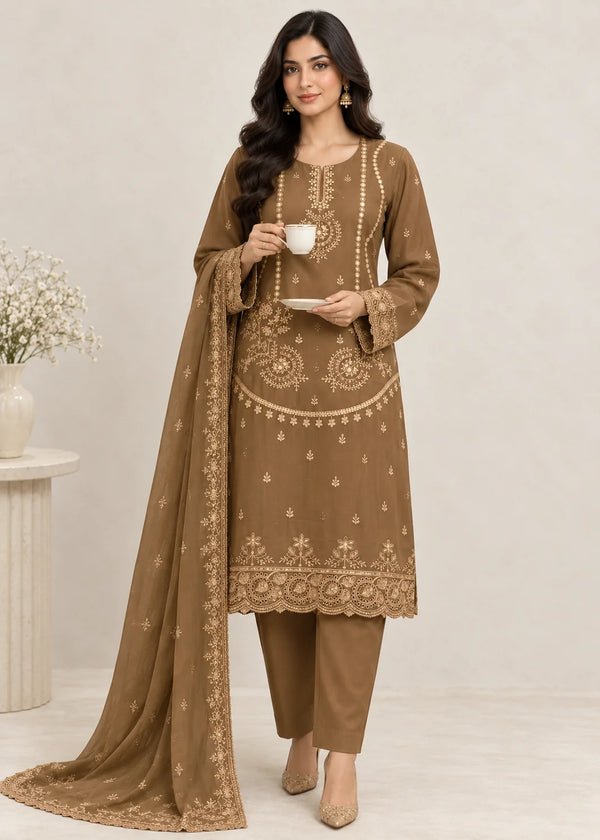 Embroidered Saddle Brown Kurta Set with Chiffon Dupatta