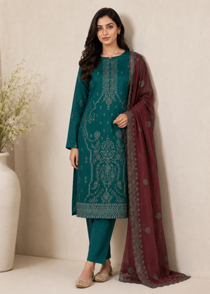 Embroidered linen Kurta Set with Chiffon Dupatta