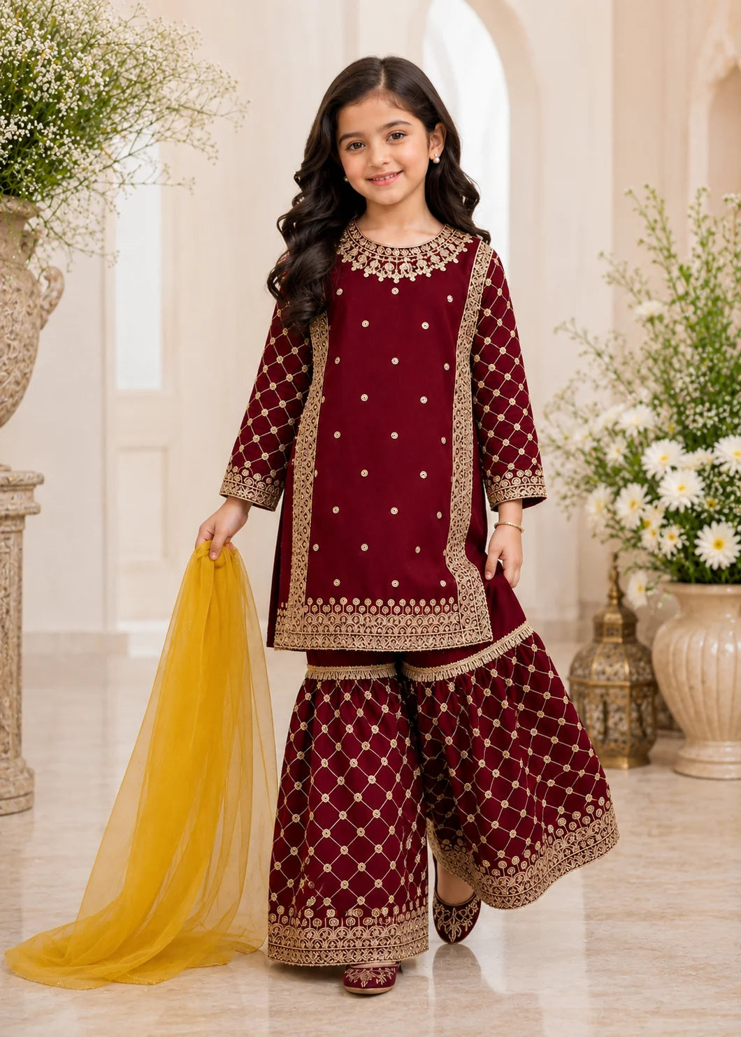 Maroon Charm – Kids Festive Embroidered Ghaar