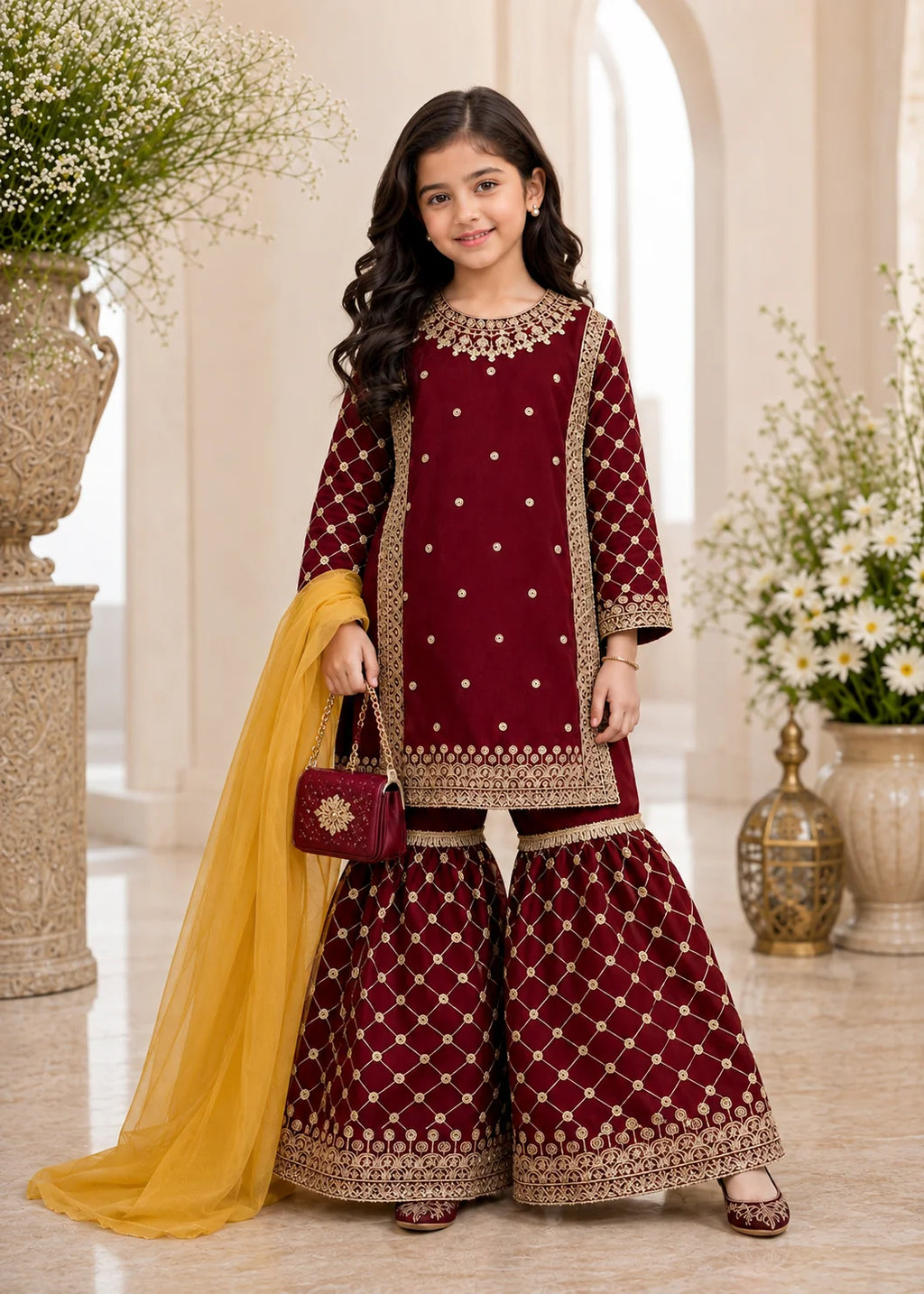 Maroon Charm – Kids Festive Embroidered Ghaar