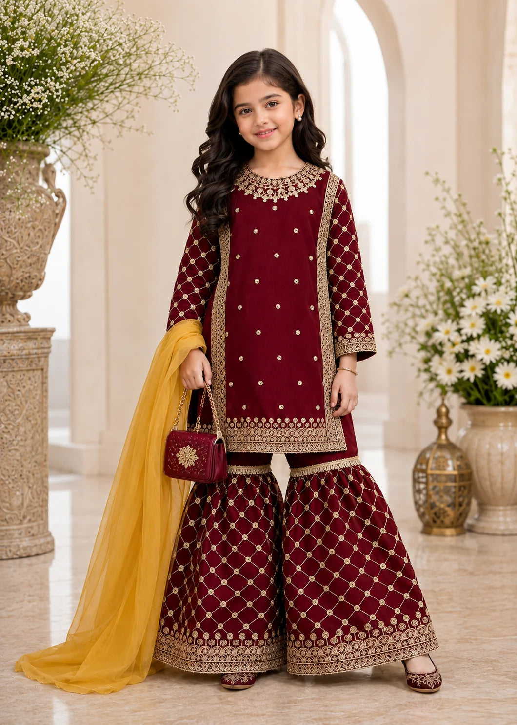 Maroon Charm – Kids Festive Embroidered Ghaar