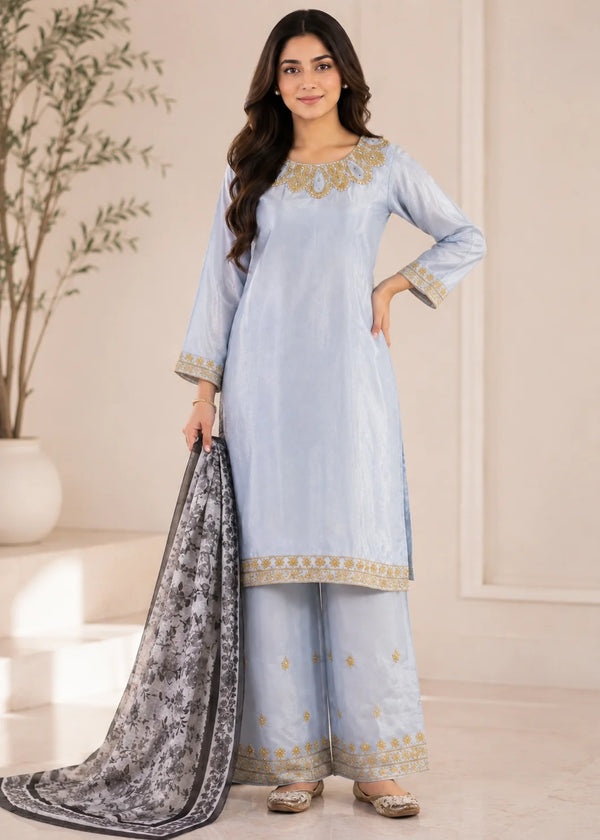 Blue Aura – Sky Blue Elegant Silk 3PC Dress with Printed Net Dupatta