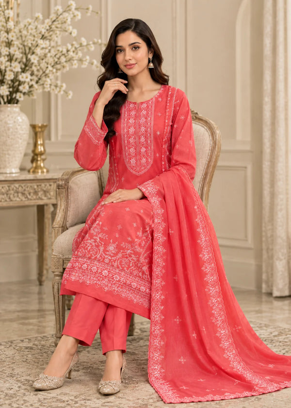 Sunveil Bloom – Premium Embroidered Lawn 3PC Dress with chiffon Dupatta