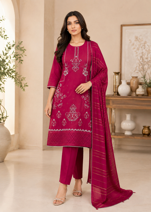 Fuchsia Embroidered Lawn Kurta Set with Zari Dupatta