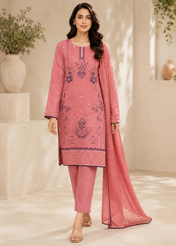 Coral Pink Embroidered Cotton 3-Piece Kurta Set