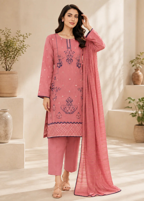 Coral Pink Embroidered Cotton 3-Piece Kurta Set
