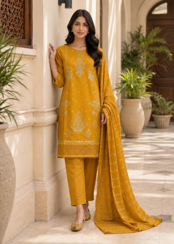 Mustard Embroidered Cotton Kurta Set with Striped Dupatta