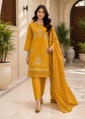 Mustard Embroidered Cotton Kurta Set with Striped Dupatta