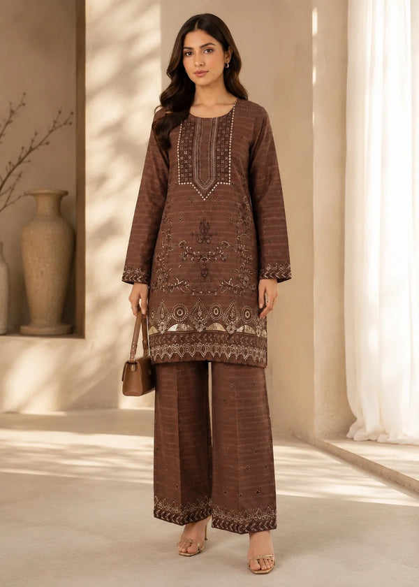 Elegant Brown Embroidered Kurta Set with Straight Trousers